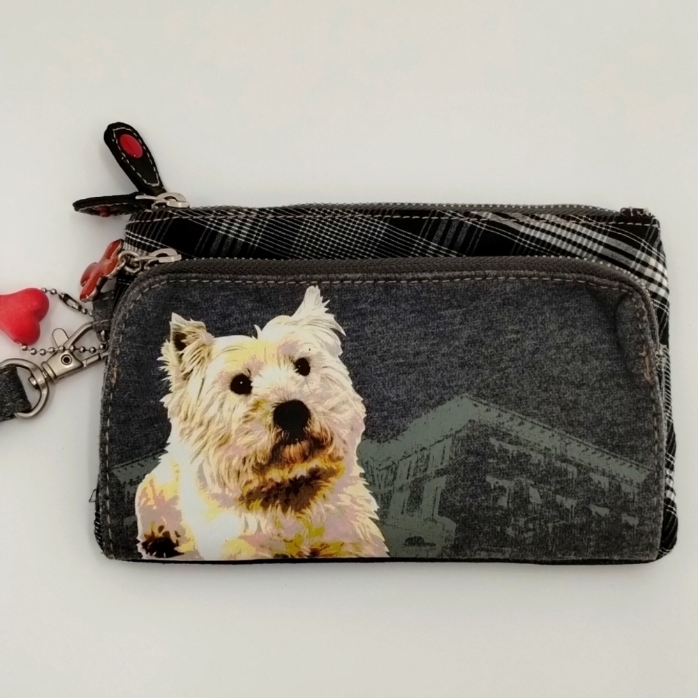 Fuzzy Nation wristlet with strap zipper pockets bone  acrylic charm Westie dog